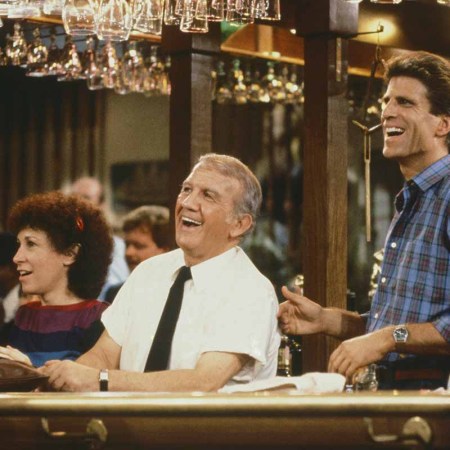 "Friends, Romans & Accountants" Episode 7 -- Pictured: (l-r) Rhea Perlman as Carla Tortelli, Nicholas Colasanto as Ernie 'Coach' Pantusso, Ted Danson as Sam Malone on the TV show "Cheers," which debuted on NBC 40 years ago.
