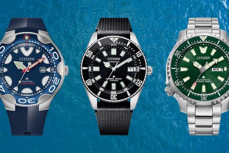 A Promaster Dive Orca, Fujitsubo Automatic and Promaster Dive Automatic in green, all Citizen watches that are now for sale at Huckberry
