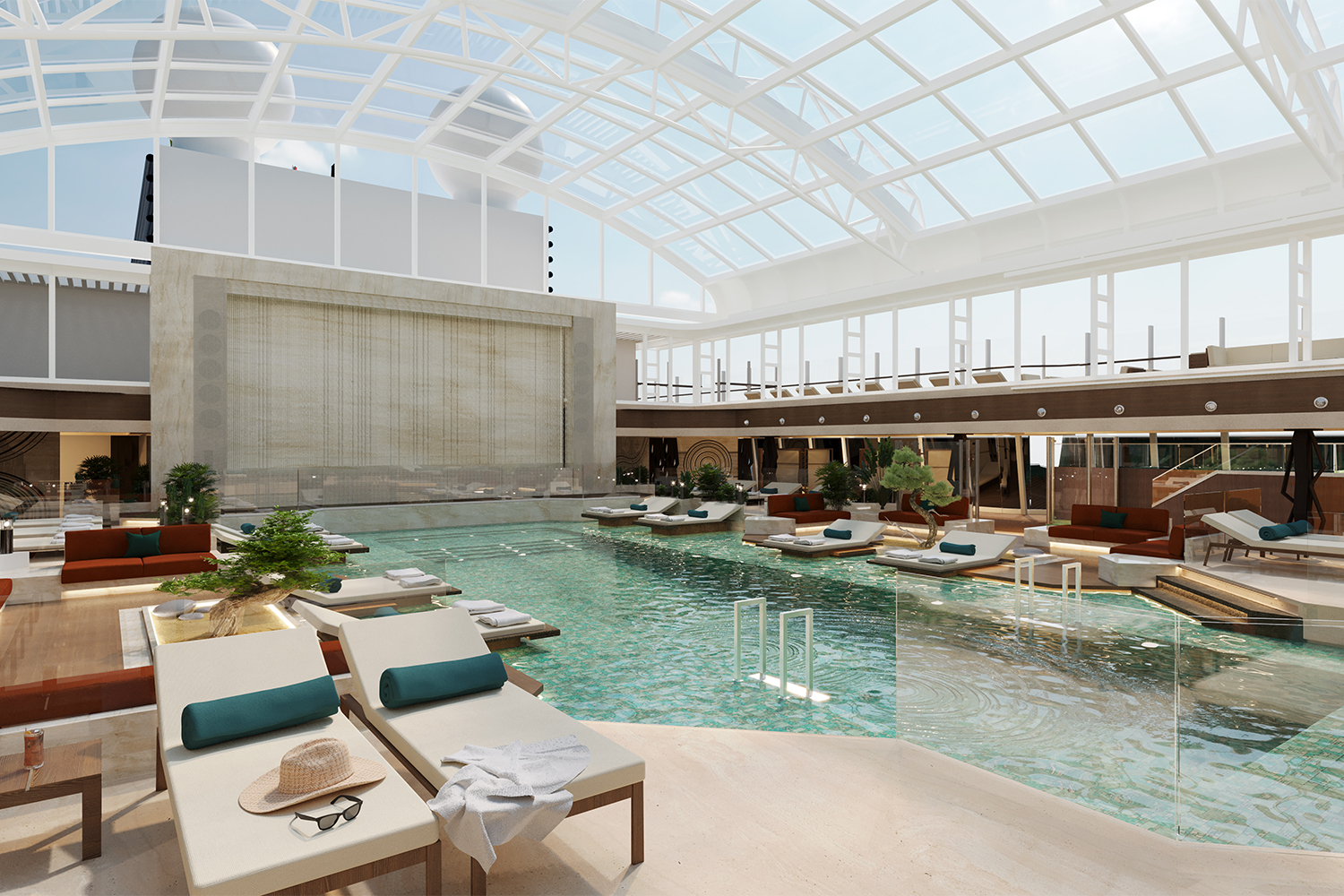 The enclosed indoor pool on the top of the Explora I cruise ship from Explora Journeys