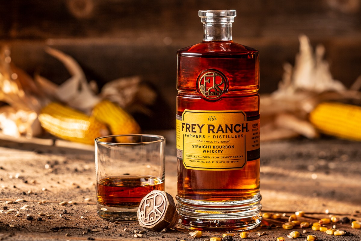 A bottle of straight bourbon whiskey from Nevada farm distillery Frey Ranch