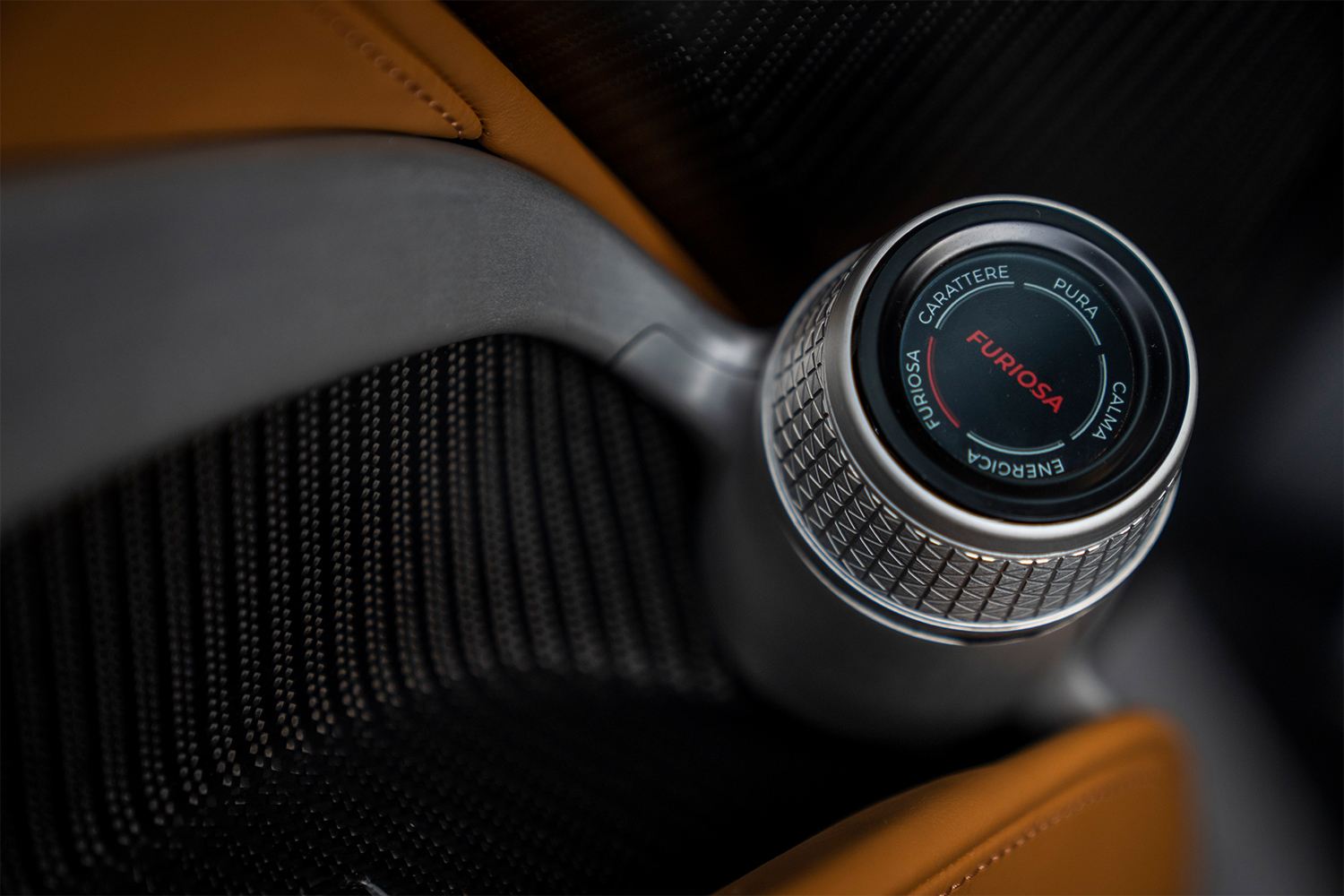 The driving mode selector in the new Automobili Pininfarina Battista hypercar, which includes modes like Calma and Furiosa