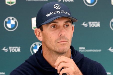 Billy Horschel of the United States talks at a press conference prior to the BMW PGA Championship.