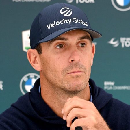 Billy Horschel of the United States talks at a press conference prior to the BMW PGA Championship.
