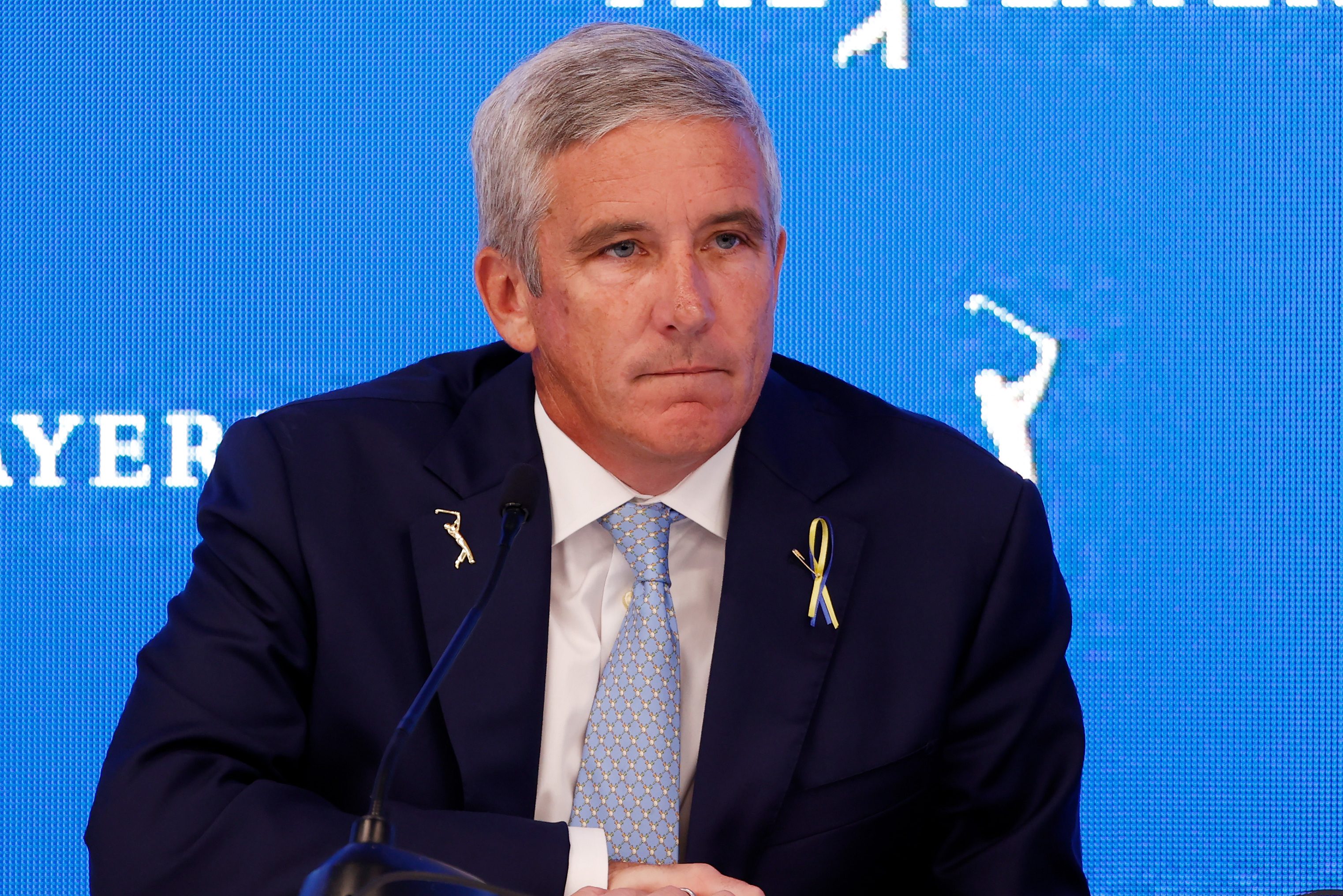 PGA Tour commissioner Jay Monahan speaks to the media at TPC Sawgrass in March