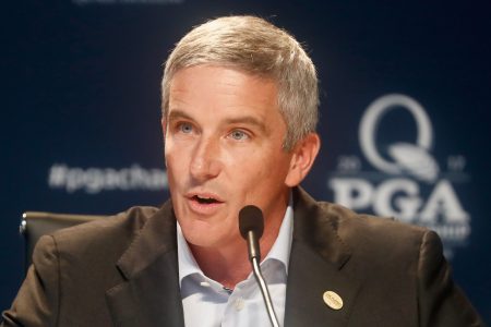 PGA TOUR commissioner Jay Monahan speaks at Quail Hollow Club.