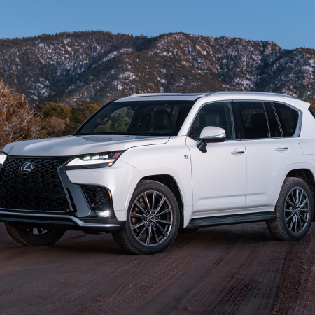 The 2022 Lexus LX 600 SUV in white. We tested the F Sport trim in our review.