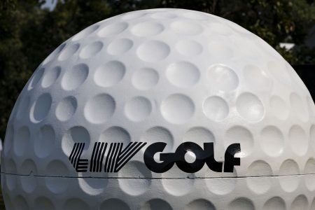 Signage on a golf ball at the LIV Golf tournament at Rich Harvest Farms in Sugar Grove, Illinois.