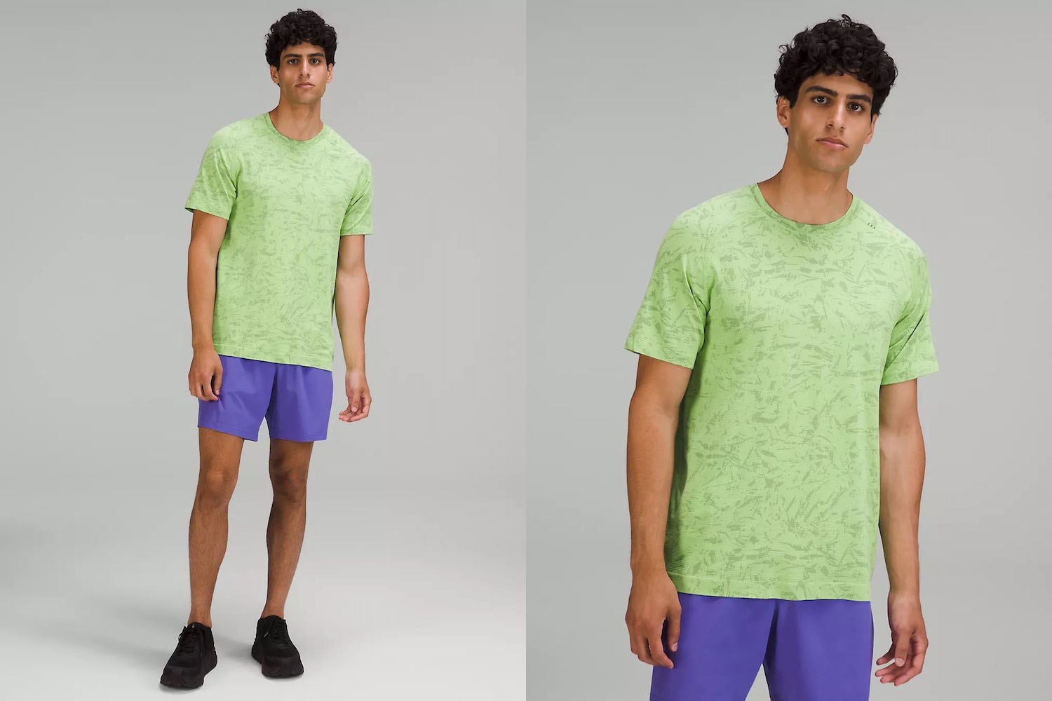 two model shots of a yellow neon shirt from the lululemon we've made too much sale on a model on a grey background