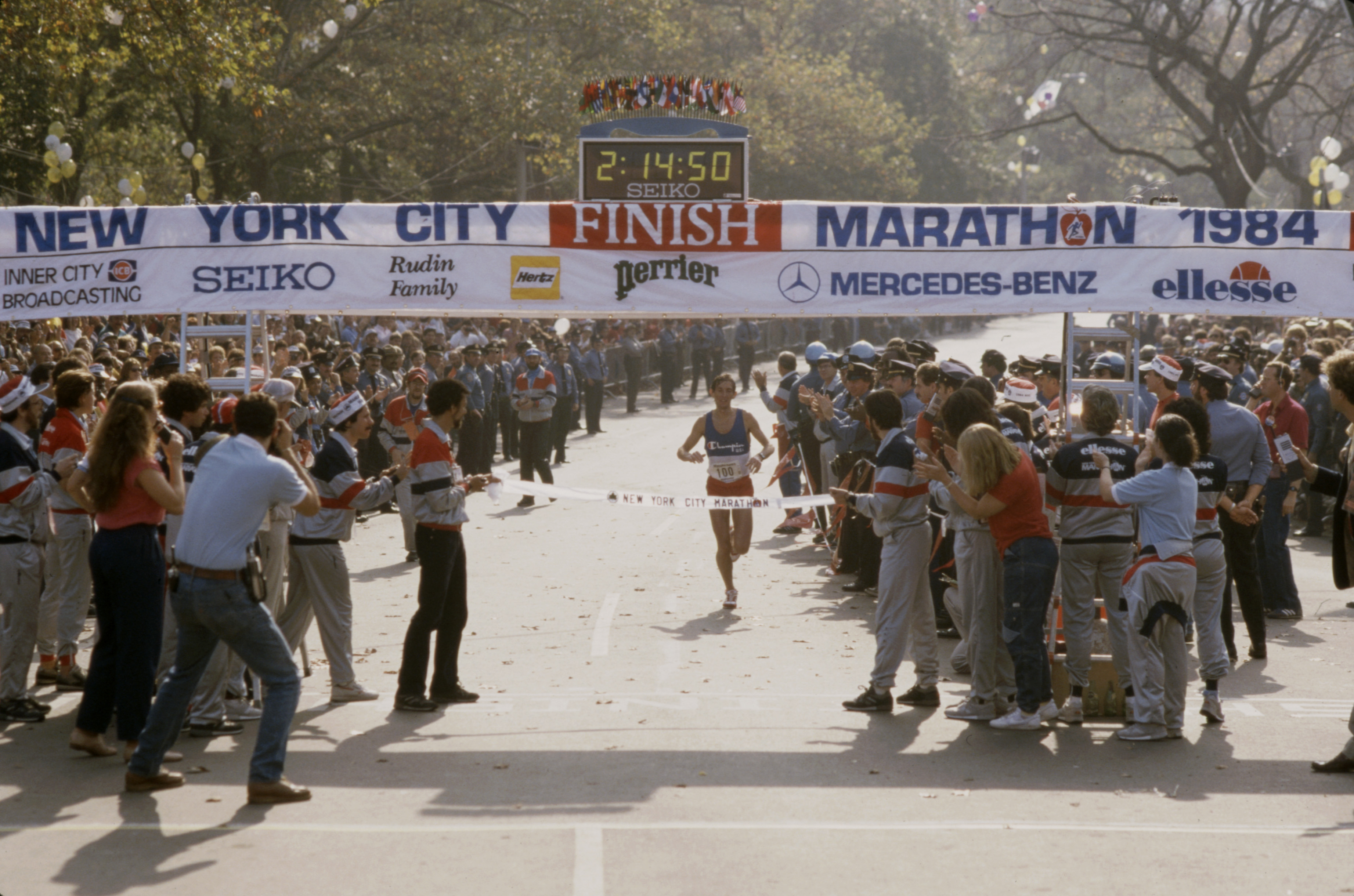 The top finisher crosses the line at the 1984 New York City Marathon.