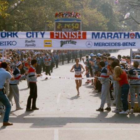 The top finisher crosses the line at the 1984 New York City Marathon.