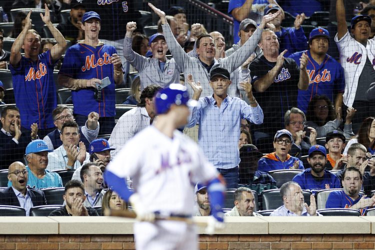 Fans cheer as Pete Alonso of the New York Mets prepares to bat.