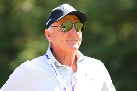 LIV Golf CEO Greg Norman looks on from the practice range. The Australian wants the golf majors to stay "Switzerland"