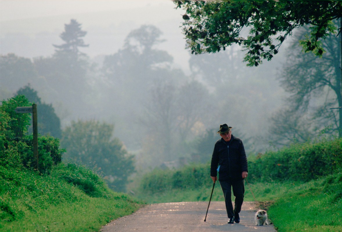 An old man walks with his dog down an empty country lane.