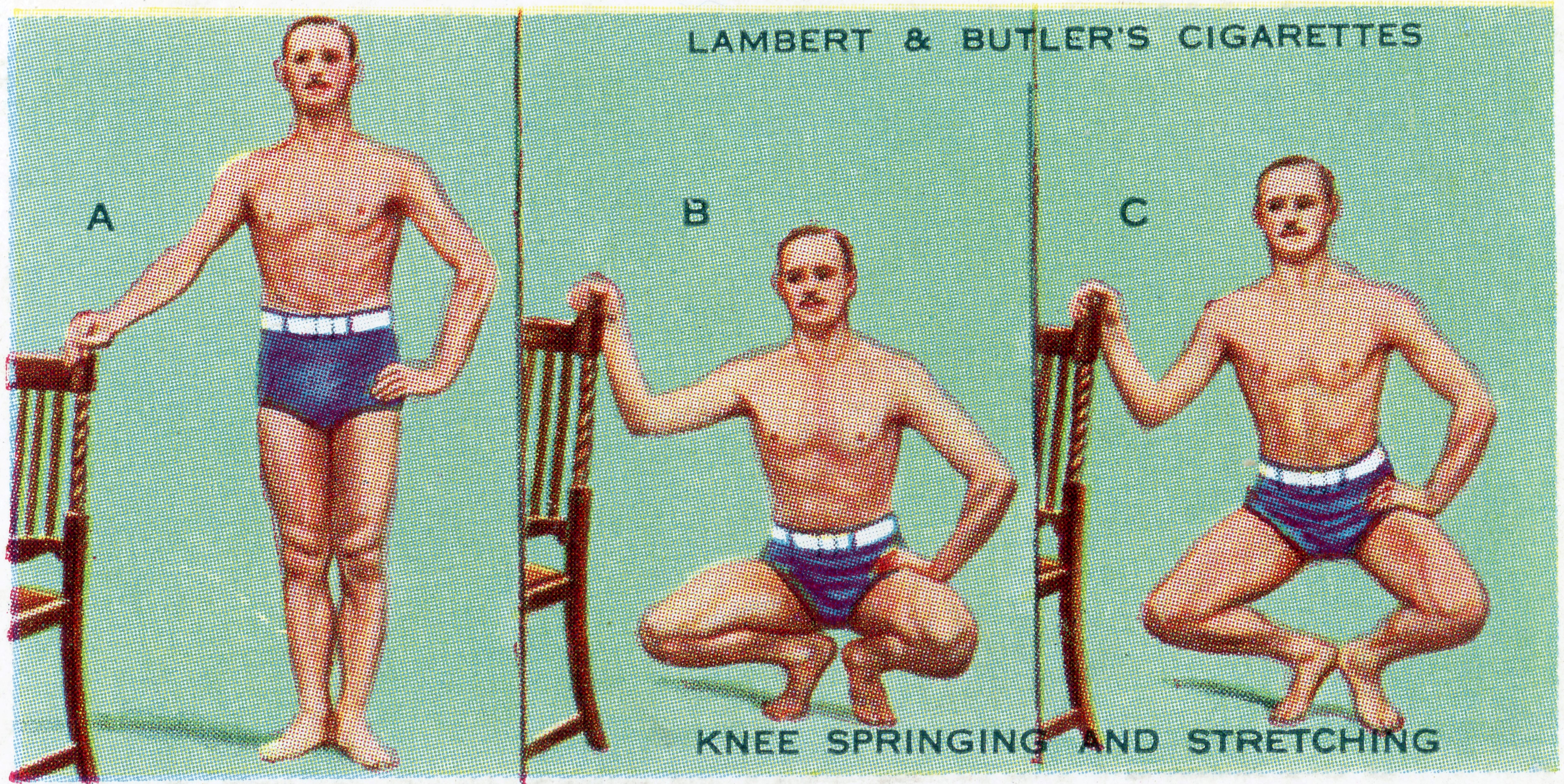 An old tobacco ad that depicts men using chairs to stretch.