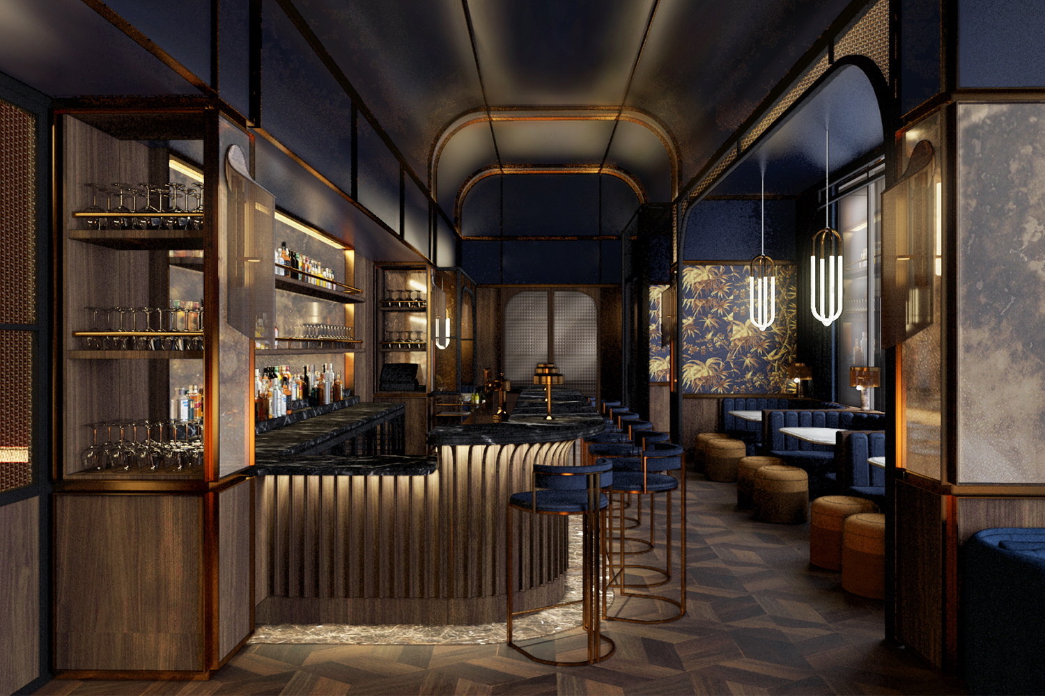The dark blue Bar Pendry at the hotel brand's new property in Washington, D.C. at The Wharf
