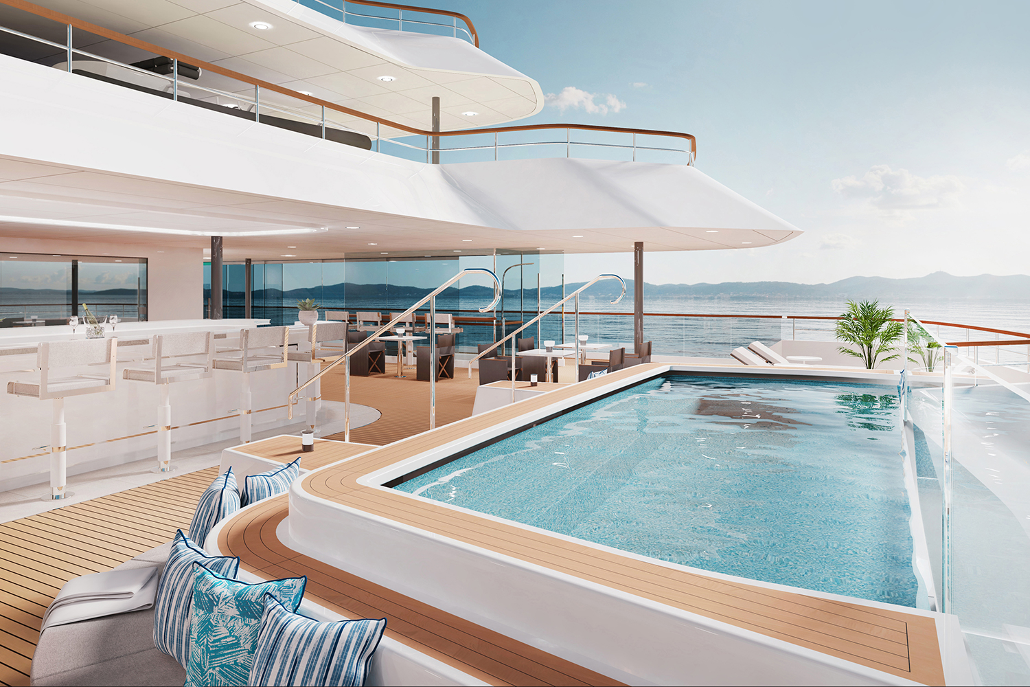 A rendering of a pool on the Evrima vessel from The Ritz-Carlton Yacht Collection
