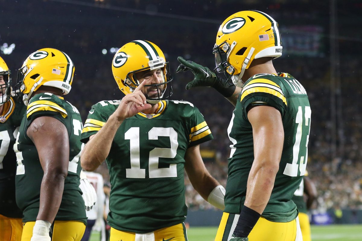 Quarterback Aaron Rodgers and wide receiver Allen Lazard celebrate a Packers touchdown. Green Bay did an ayahuasca themed TD celebration on Sunday.