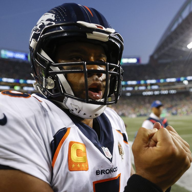 Denver Broncos quarterback Russell Wilson reacts during the fourth quarter against the Seattle Seahawks on Monday Night Football
