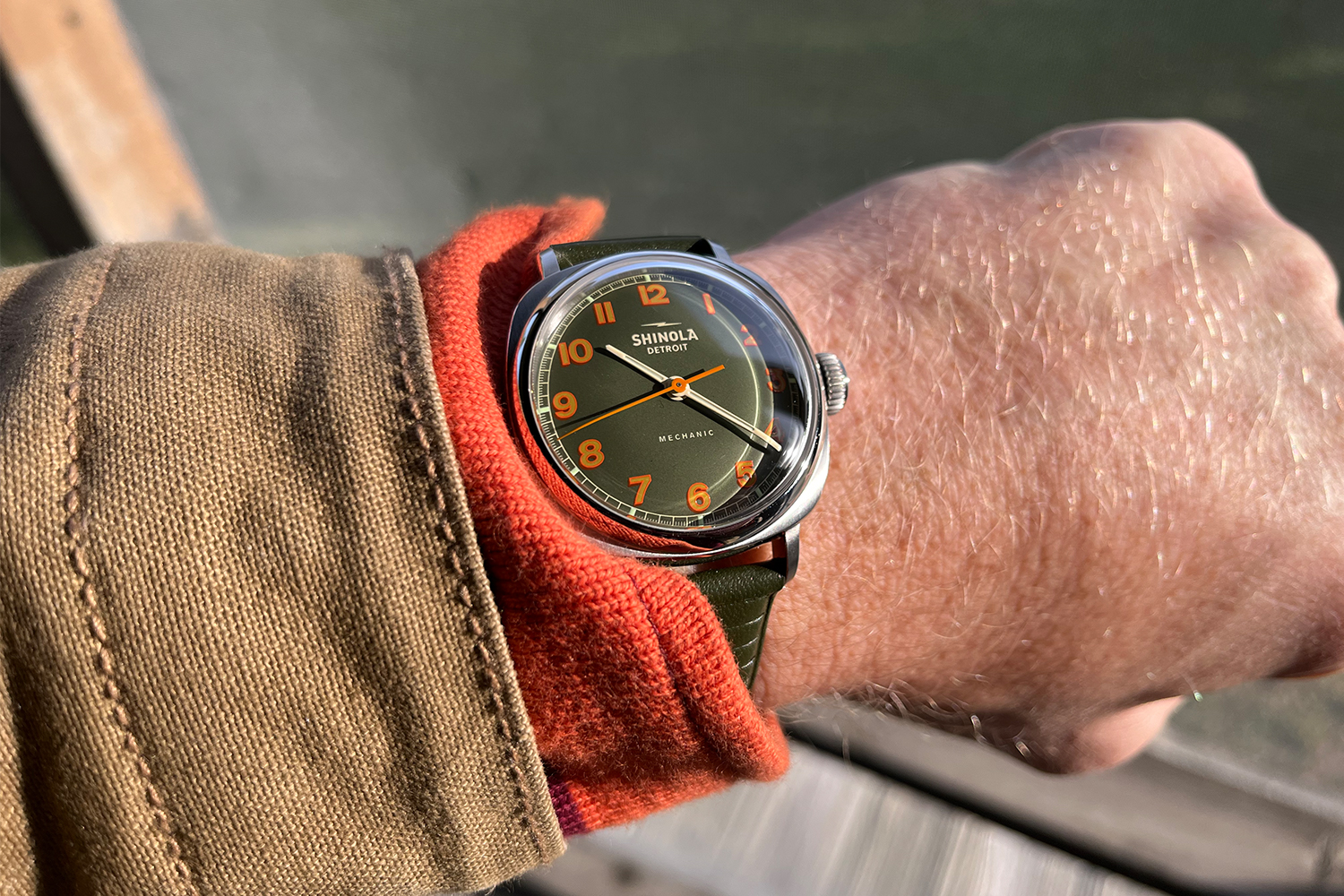 A wrist photo of thew new Shinola Mechanic, the brand's first manual-wind watch