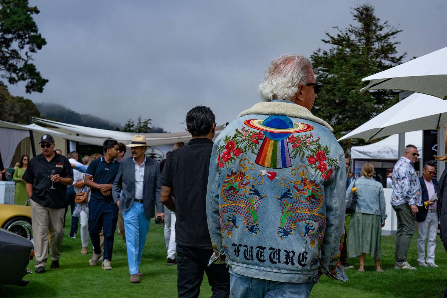 Embroidered jean jacket at Rolex Monterey Motorsports Reunion