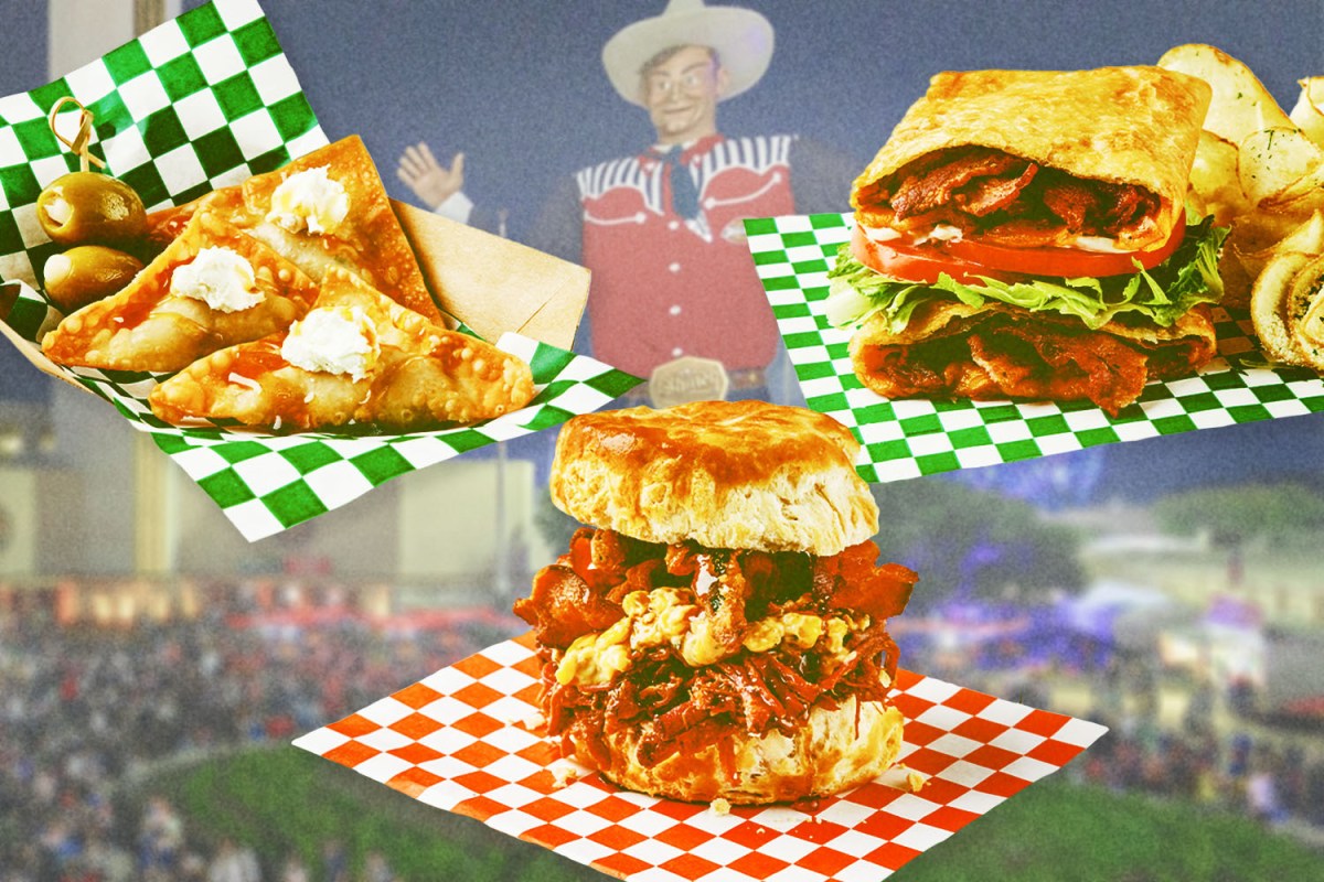 The Big Tex statue at the State Fair of Texas with images of new foods for 2022 in front, including deep-fried charcuterie, BLT and a biscuit sandwich