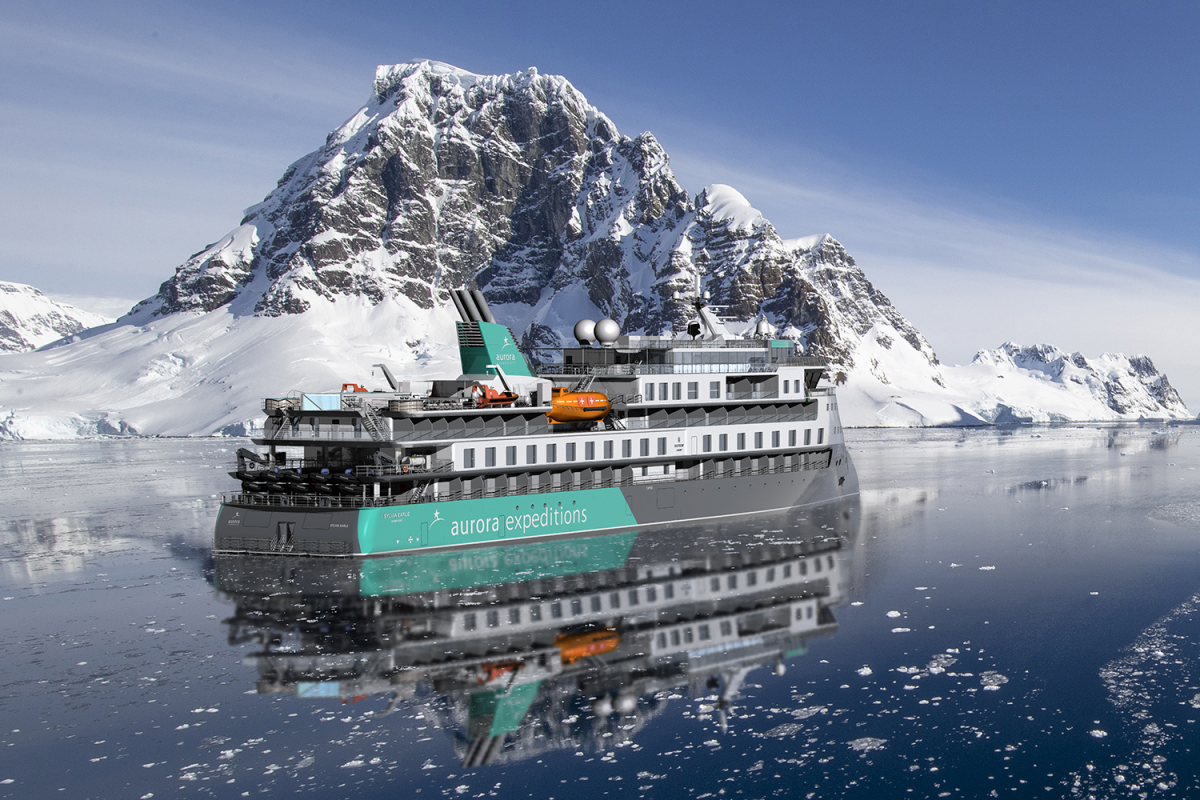 A rendering of the Sylvia Earle, a carbon neutral cruise ship from Aurora Expeditions