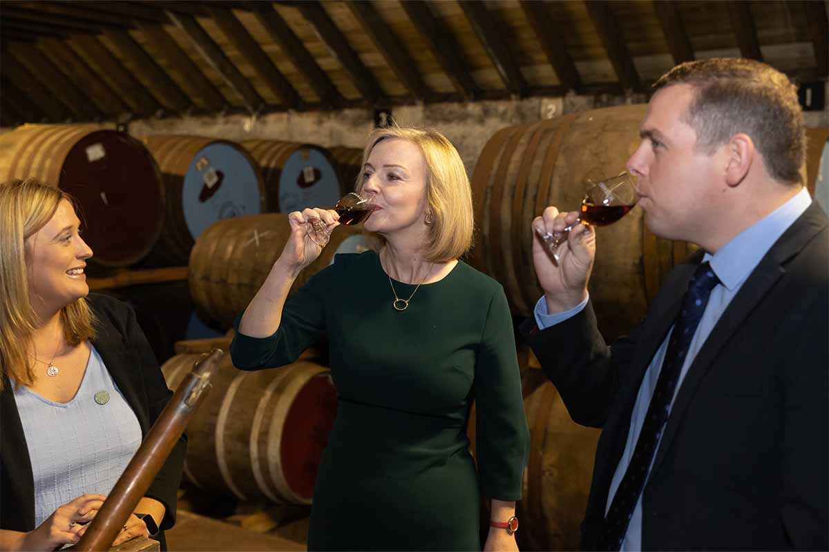 Conservative Leadership hopeful Liz Truss and leader of the Scottish Conservative Party Douglas Ross are given a tour by Laura Tolmie, production manager at the BenRiach Distillery on August 16, 2022 in Elgin, Scotland. Liz Truss was accompanied by Douglas Ross, leader of the Scottish Conservatives along with Laura Tolmie of BenRiach