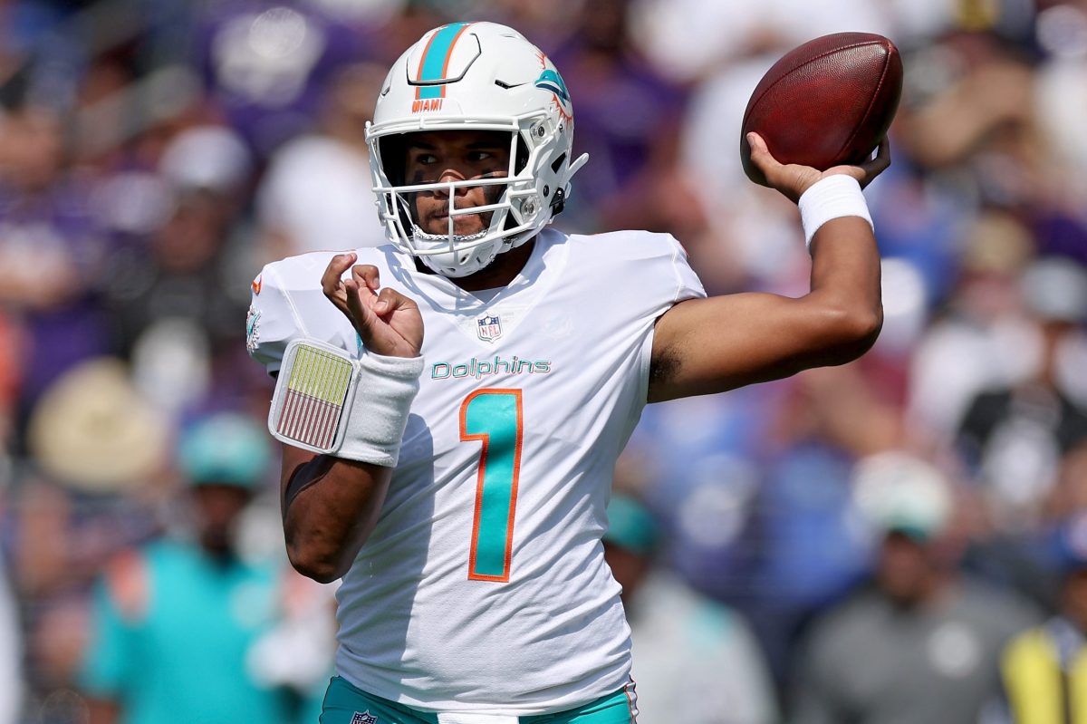 Tua Tagovailoa of the Miami Dolphins throws a pass in the first quarter. Here are all the stats from their September 18 win over the Baltimore Ravens.