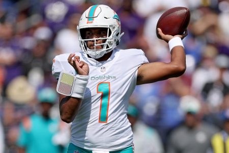 Tua Tagovailoa of the Miami Dolphins throws a pass in the first quarter. Here are all the stats from their September 18 win over the Baltimore Ravens.