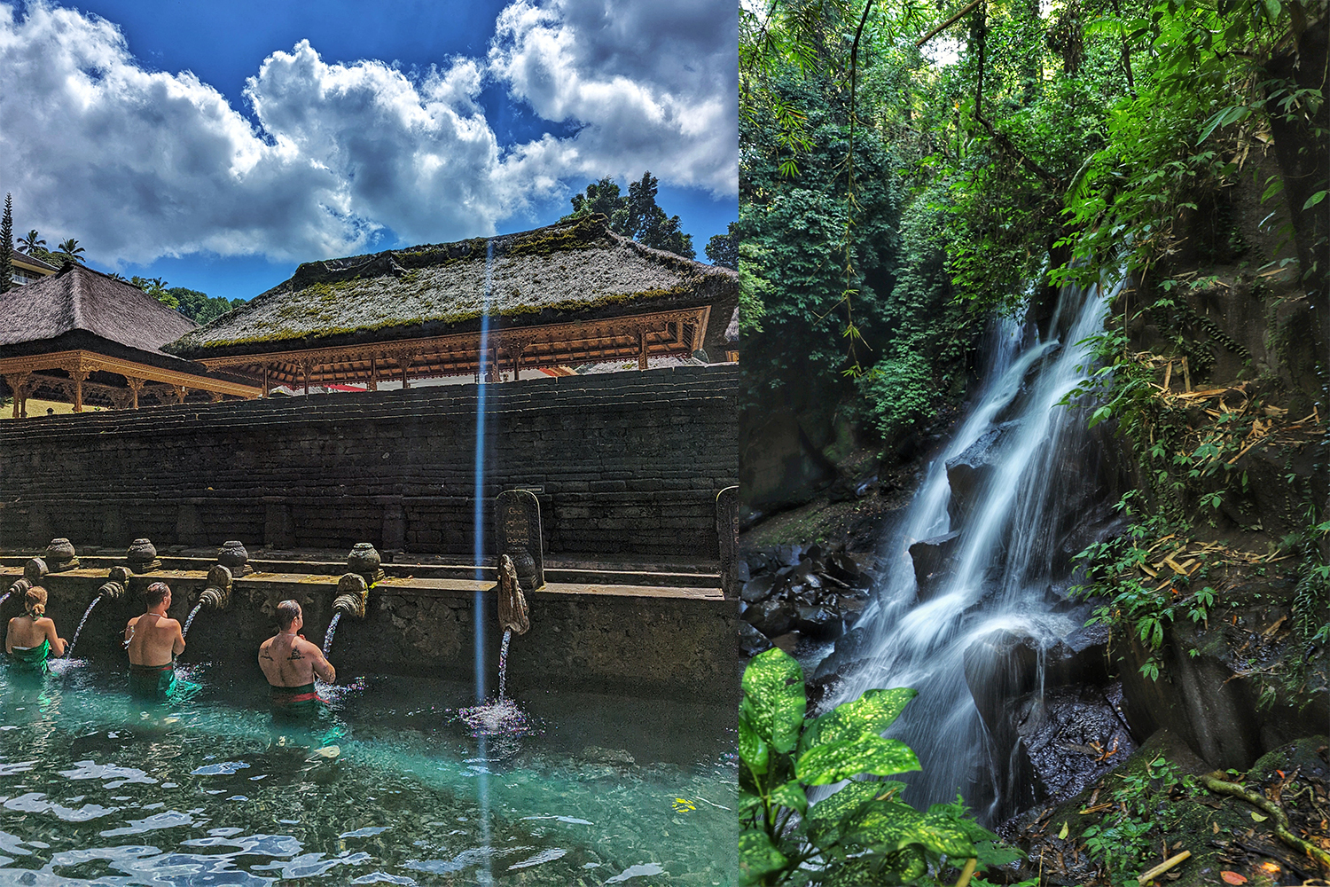 A water purification ritual at a temple in Bali on the left, on the right a waterfall on the island