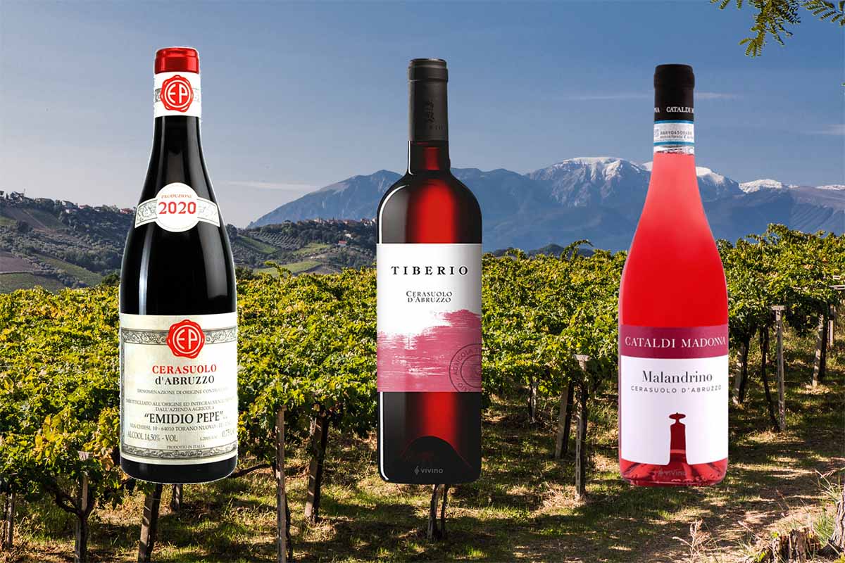 Three Cerasuolo wines overlaid on a vineyard backdrop