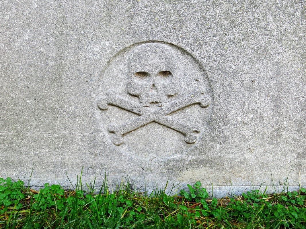 A skull and crossbones on a grave.