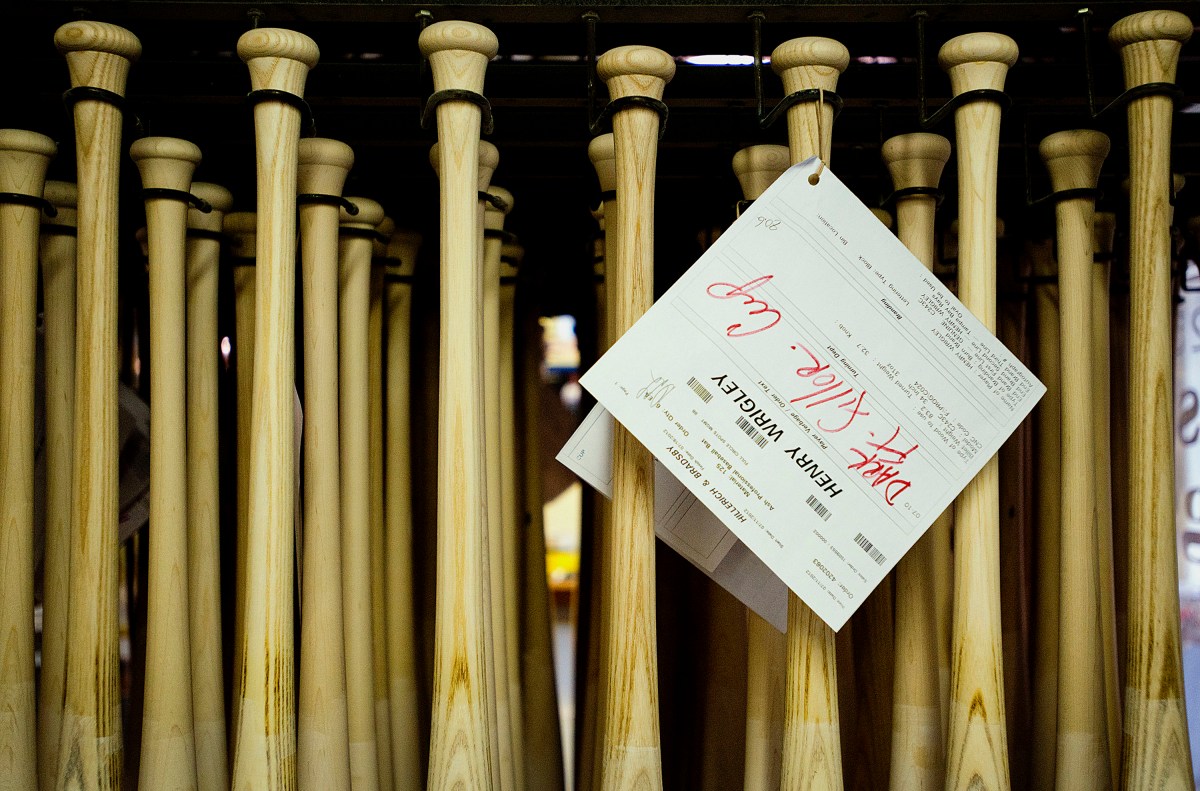 A row of Louisville Slugger baseball bats. The iconic ash bats are less popular than maple for a couple reasons.