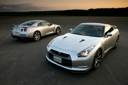 The 2009 Nissan GT-R R35, the first edition to come to the United States, shown here facing forwards and backwards