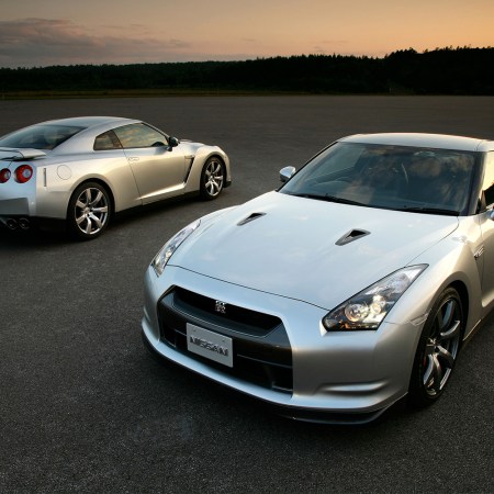 The 2009 Nissan GT-R R35, the first edition to come to the United States, shown here facing forwards and backwards