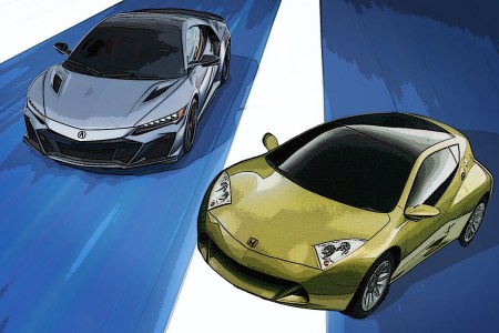 The Acura NSX on the left and its predecessor, the Honda J-VX hybrid sports car concept, on the right