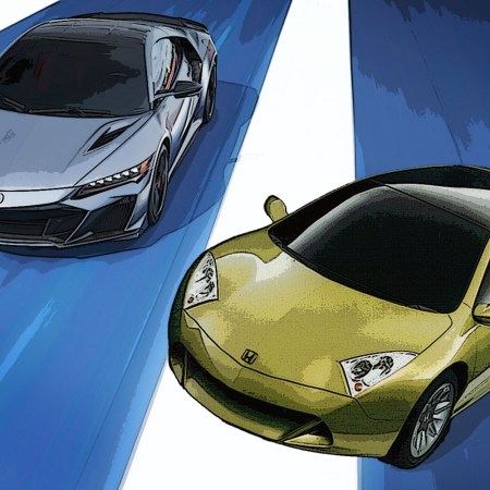 The Acura NSX on the left and its predecessor, the Honda J-VX hybrid sports car concept, on the right