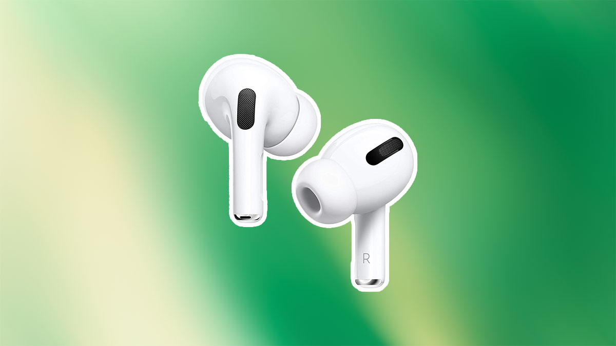 The apple Airpods pro 2 on a green and yellow background.