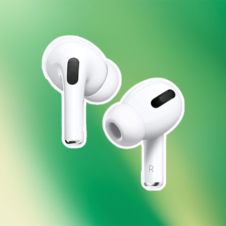The apple Airpods pro 2 on a green and yellow background.