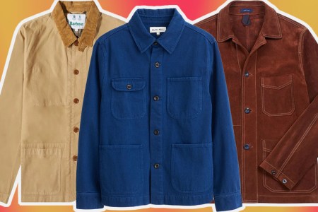 a collage of the best chore coats for men on a red and yellow background