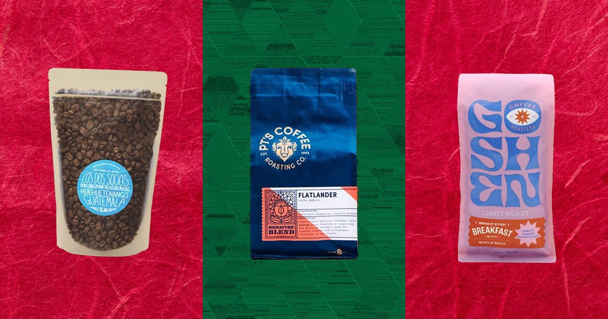 a collage of coffee bags on a green and red background