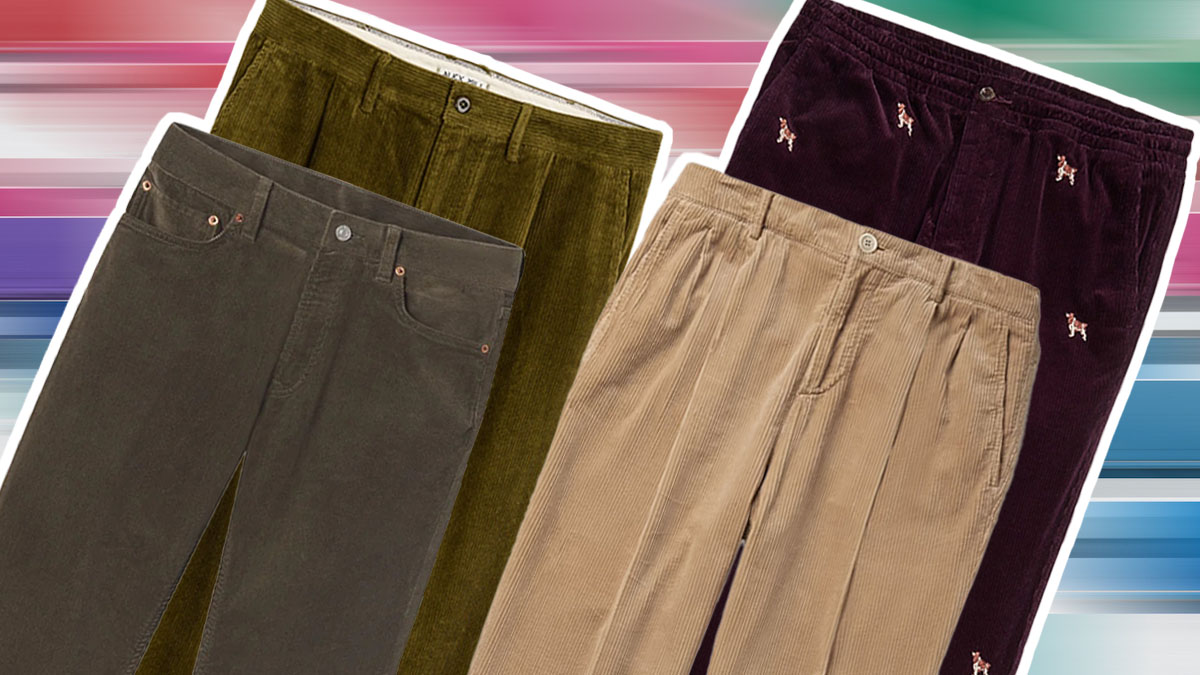 a collage of corduroy pants on a multi-colored background
