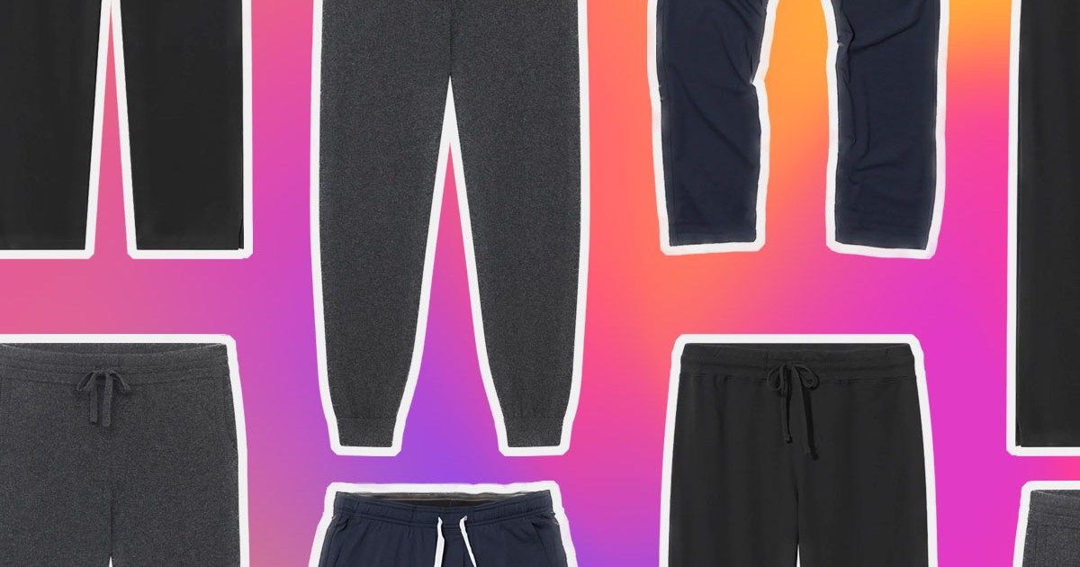 a collage of lounge pants on a mulit-colored background