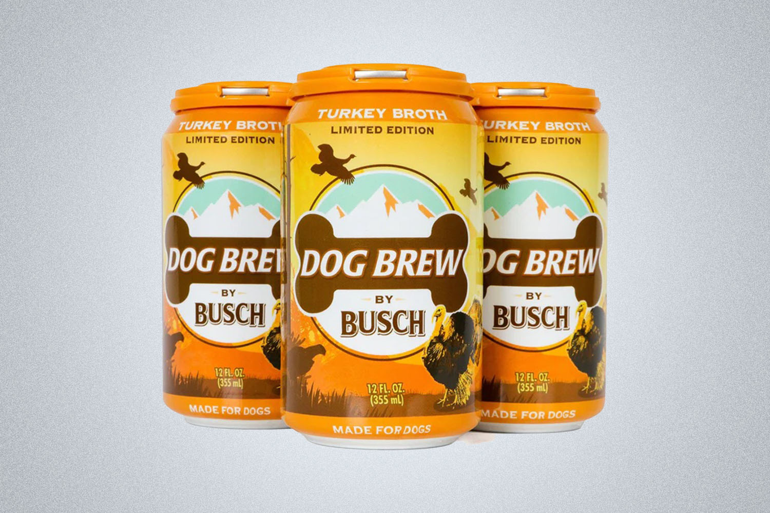 three cans of Busch Turkey Dog Brew on a grey background