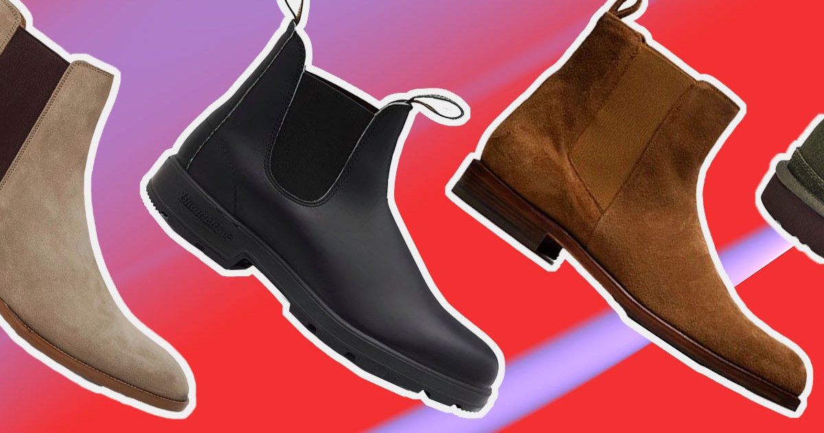 a collage of chelsea boots on a multi-colored purple and red background