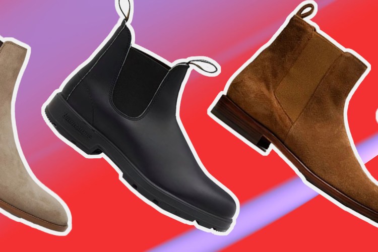a collage of chelsea boots on a multi-colored purple and red background