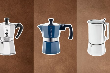 Three coffee stovetop makers on a brown and beige background