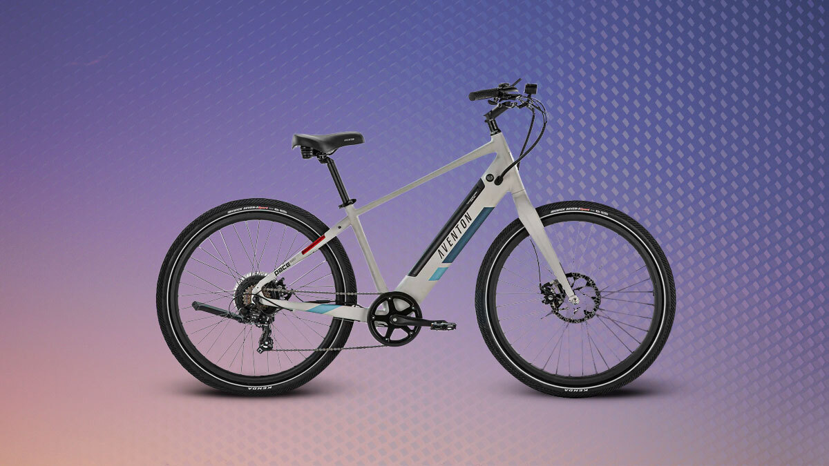 The Aventon Pace 350 on a gradient purple background