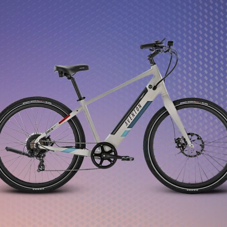 The Aventon Pace 350 on a gradient purple background
