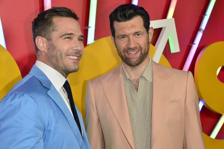 Luke Macfarlane and Billy Eichner attend the Los Angeles premiere of "Bros" on September 28, 2022.